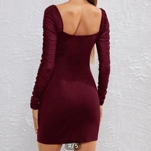 Ruched mesh sleeve solid bodycon dress